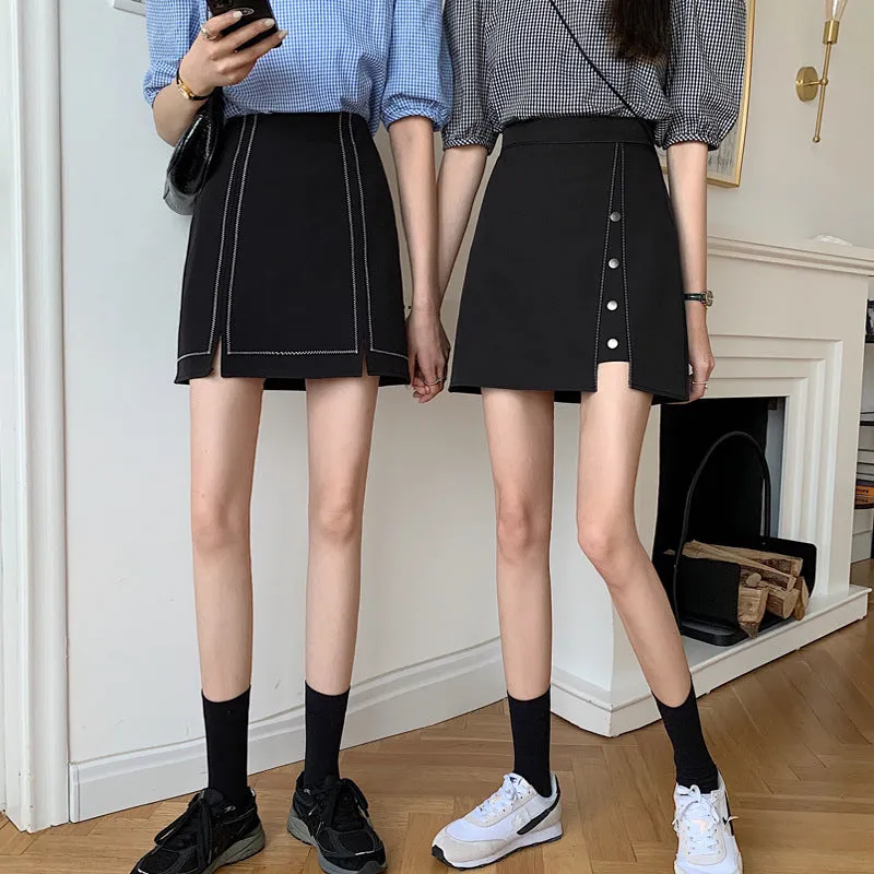 Summer High Waist Niche Suits Splitted Black A-Line Skirt Women Plus Size Skirt