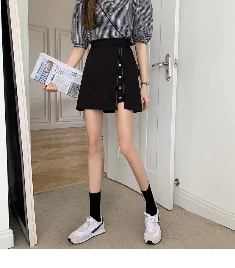 Summer High Waist Niche Suits Splitted Black A-Line Skirt Women Plus Size Skirt