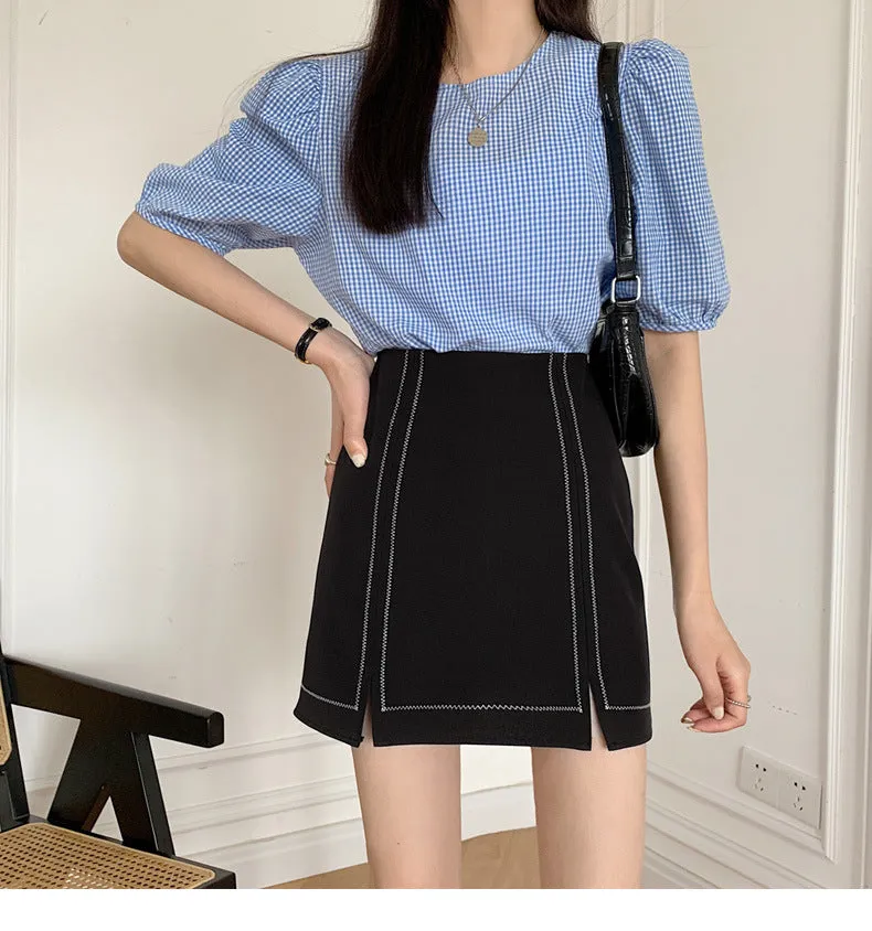 Summer High Waist Niche Suits Splitted Black A-Line Skirt Women Plus Size Skirt
