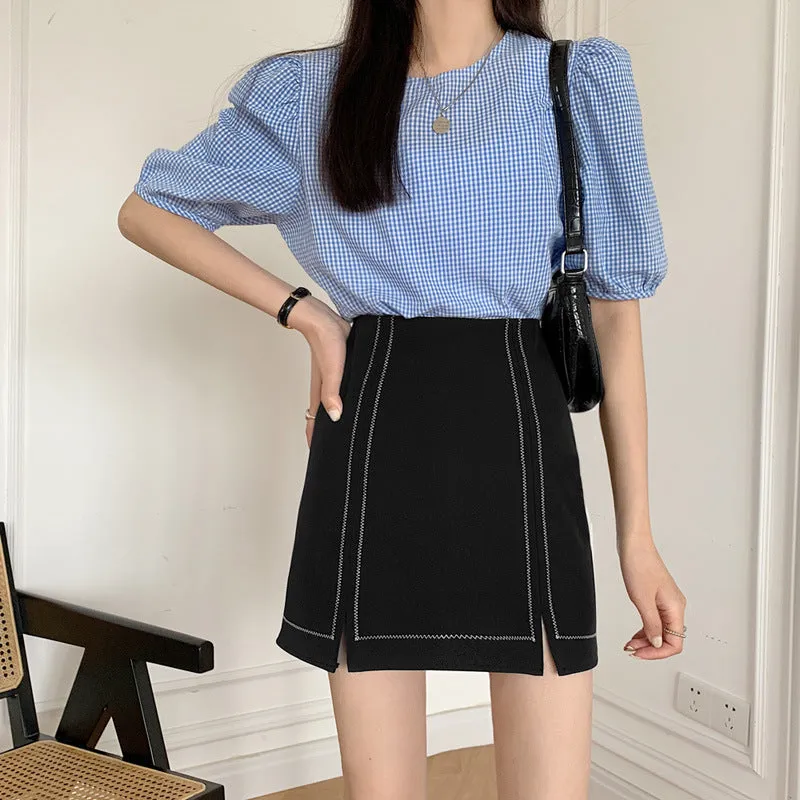 Summer High Waist Niche Suits Splitted Black A-Line Skirt Women Plus Size Skirt