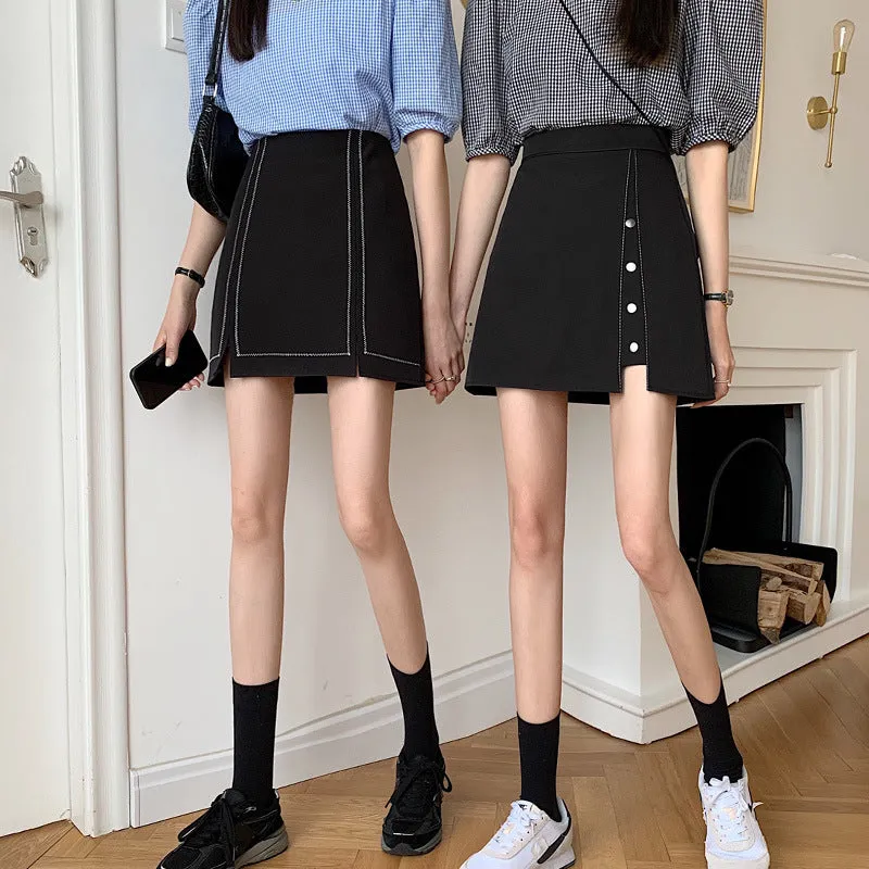 Summer High Waist Niche Suits Splitted Black A-Line Skirt Women Plus Size Skirt