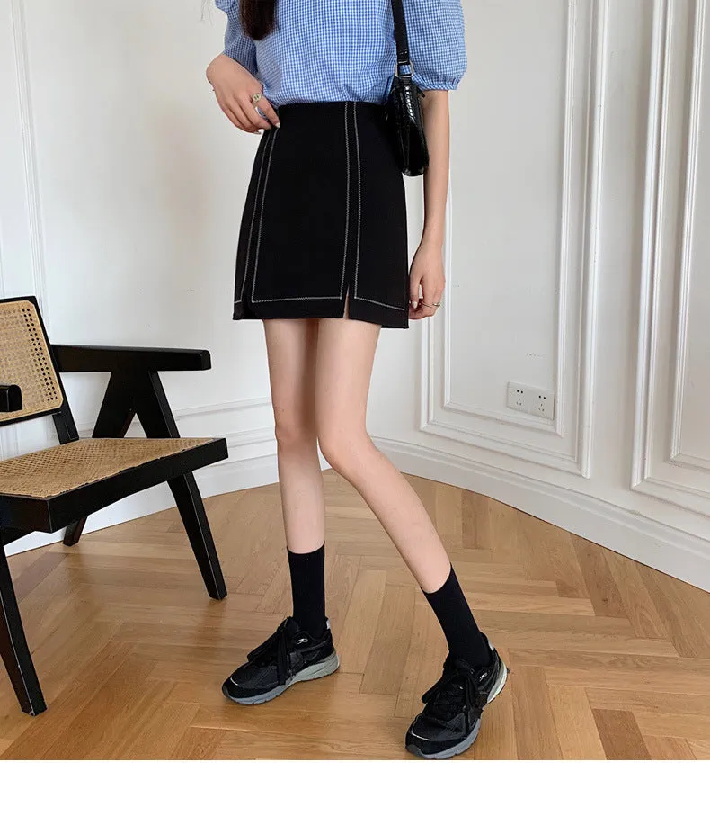 Summer High Waist Niche Suits Splitted Black A-Line Skirt Women Plus Size Skirt