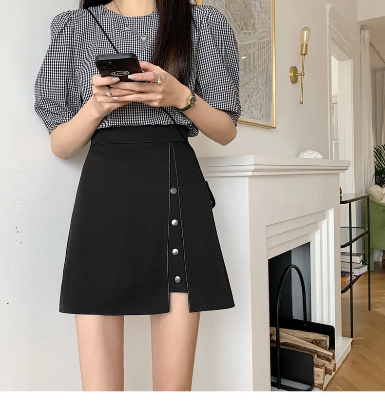 Summer High Waist Niche Suits Splitted Black A-Line Skirt Women Plus Size Skirt