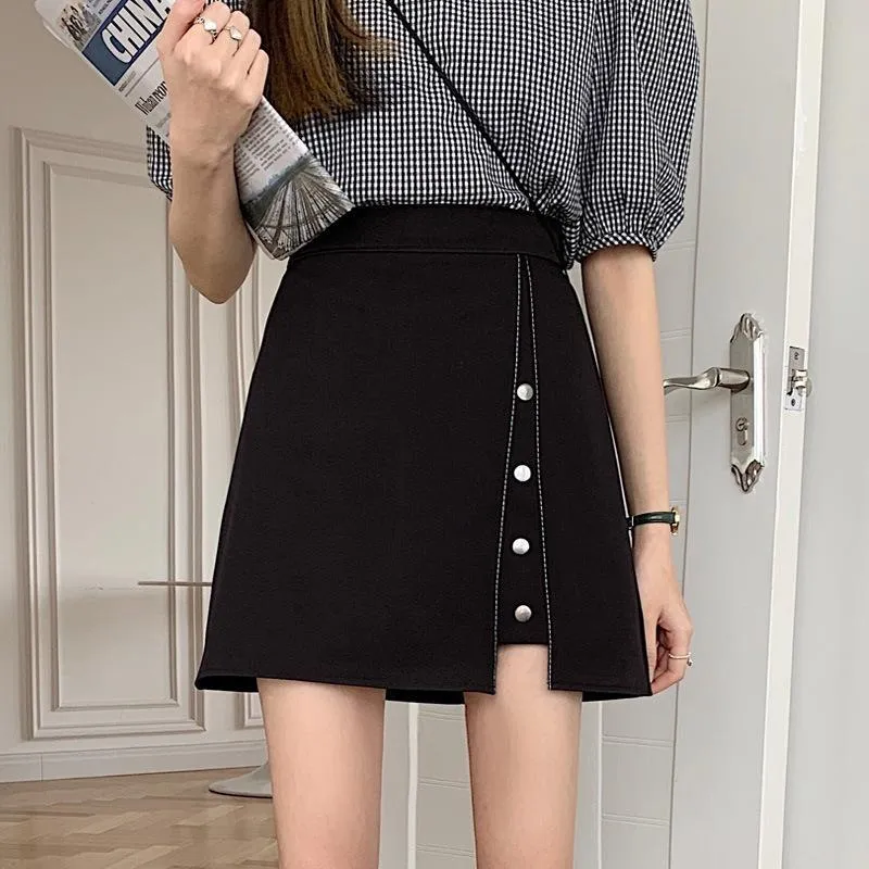 Summer High Waist Niche Suits Splitted Black A-Line Skirt Women Plus Size Skirt
