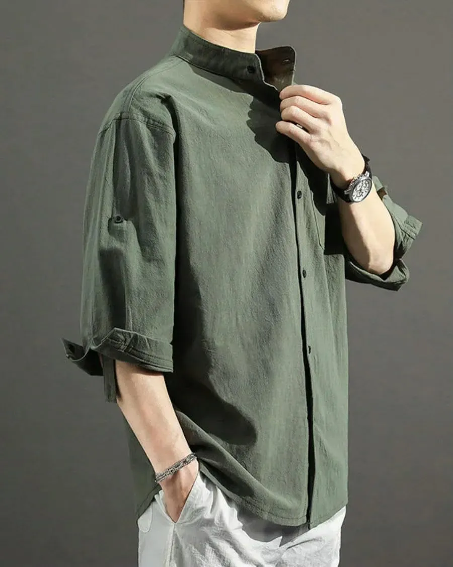 Summer Men's Cotton Linen Loose Casual Stand Collar Three-Quarter Sleeve Breathable Shirts