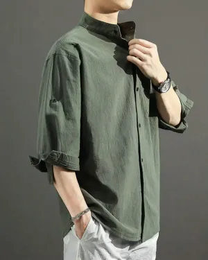 Summer Men's Cotton Linen Loose Casual Stand Collar Three-Quarter Sleeve Breathable Shirts