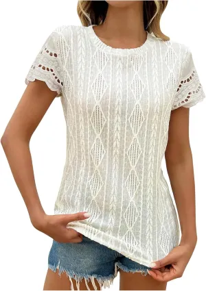 Summer Short Sleeve Dressy Texture Tops for Women Hollow Out Lace Sleeve Blouses Casual Slim Fit Tees Stylish Shirts