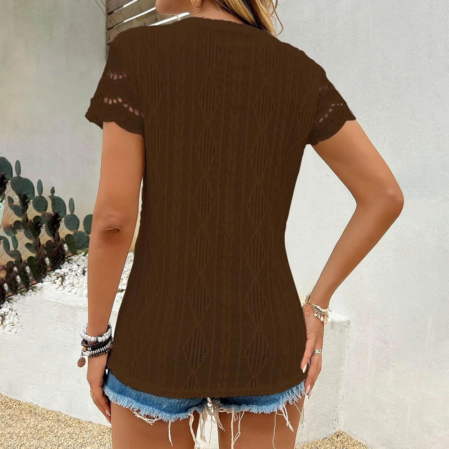 Summer Short Sleeve Dressy Texture Tops for Women Hollow Out Lace Sleeve Blouses Casual Slim Fit Tees Stylish Shirts