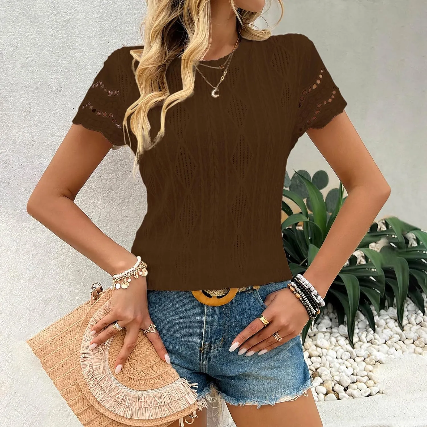 Summer Short Sleeve Dressy Texture Tops for Women Hollow Out Lace Sleeve Blouses Casual Slim Fit Tees Stylish Shirts