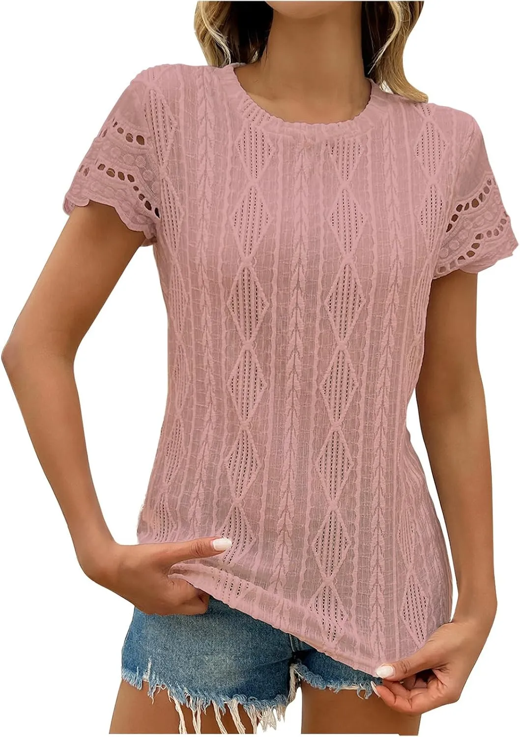 Summer Short Sleeve Dressy Texture Tops for Women Hollow Out Lace Sleeve Blouses Casual Slim Fit Tees Stylish Shirts