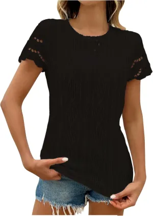 Summer Short Sleeve Dressy Texture Tops for Women Hollow Out Lace Sleeve Blouses Casual Slim Fit Tees Stylish Shirts