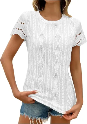 Summer Short Sleeve Dressy Texture Tops for Women Hollow Out Lace Sleeve Blouses Casual Slim Fit Tees Stylish Shirts
