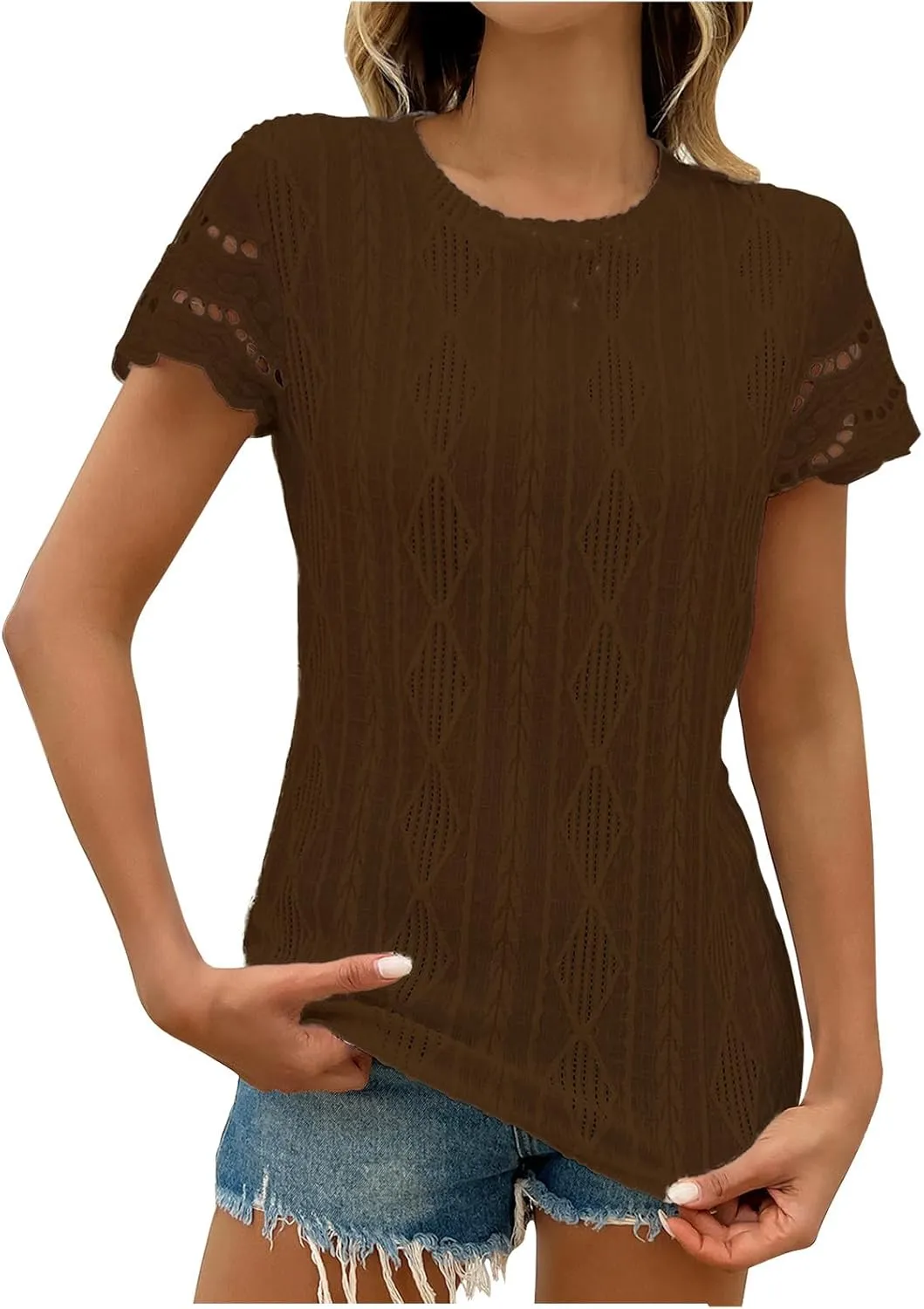 Summer Short Sleeve Dressy Texture Tops for Women Hollow Out Lace Sleeve Blouses Casual Slim Fit Tees Stylish Shirts