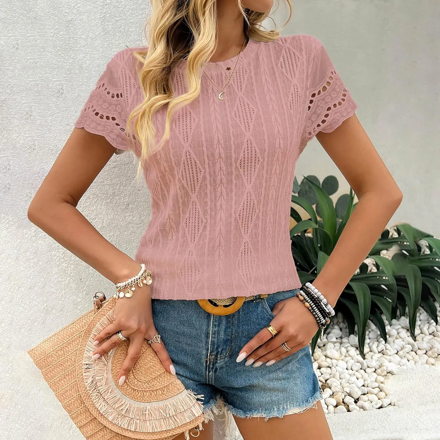 Summer Short Sleeve Dressy Texture Tops for Women Hollow Out Lace Sleeve Blouses Casual Slim Fit Tees Stylish Shirts