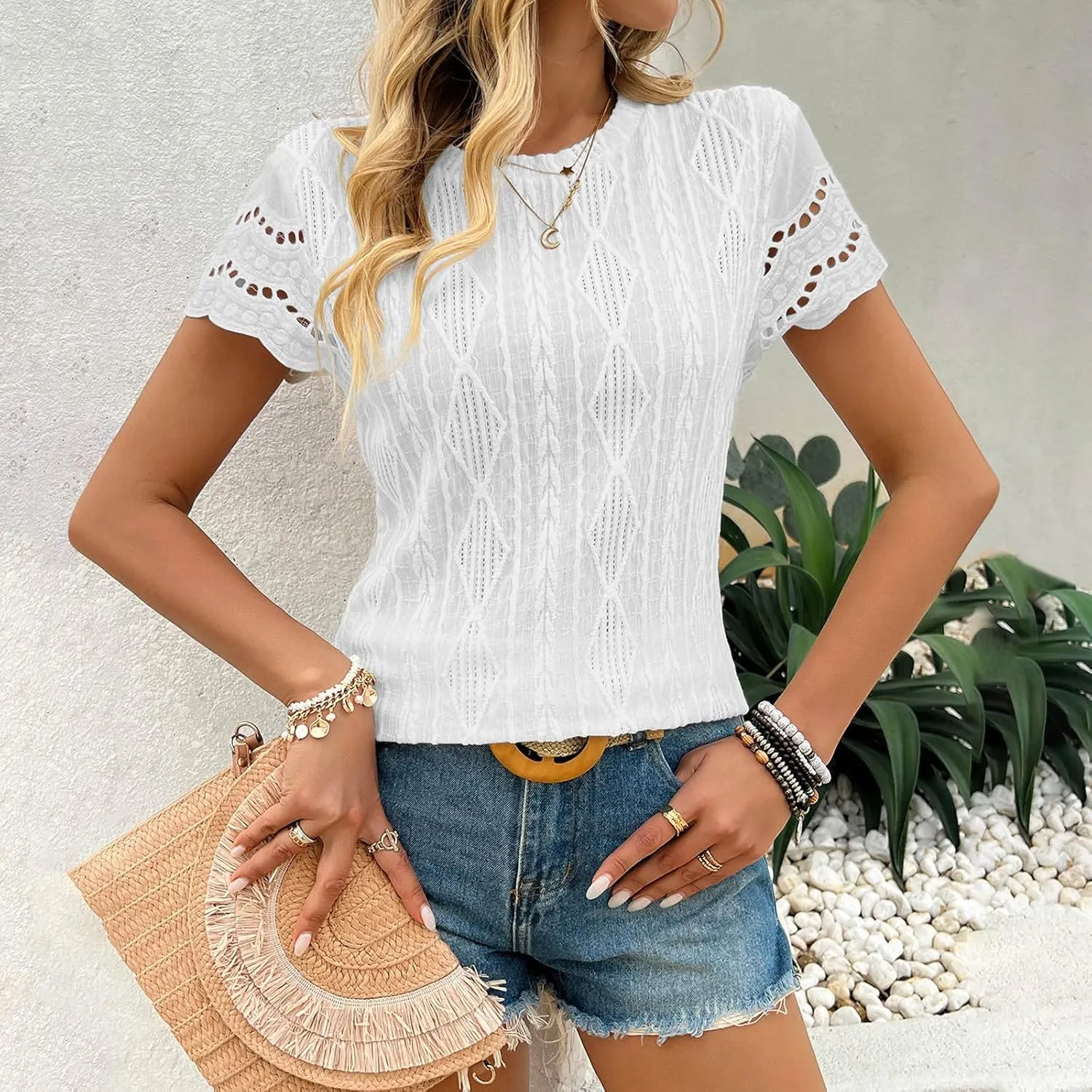 Summer Short Sleeve Dressy Texture Tops for Women Hollow Out Lace Sleeve Blouses Casual Slim Fit Tees Stylish Shirts