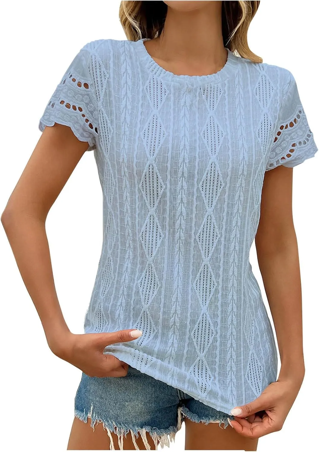 Summer Short Sleeve Dressy Texture Tops for Women Hollow Out Lace Sleeve Blouses Casual Slim Fit Tees Stylish Shirts