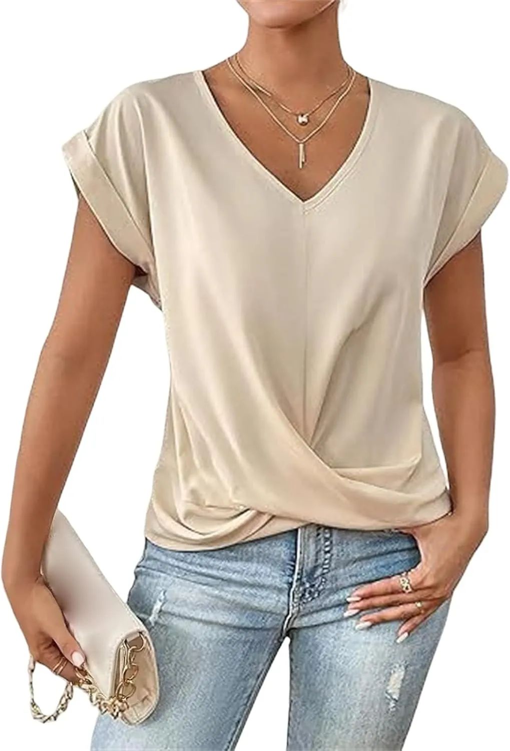 Summer T Shirts for Women Pleated Short Sleeve V-Neck Shirts Dressy Work Blouse Loose Casual Tee Tops Basic T-Shirt