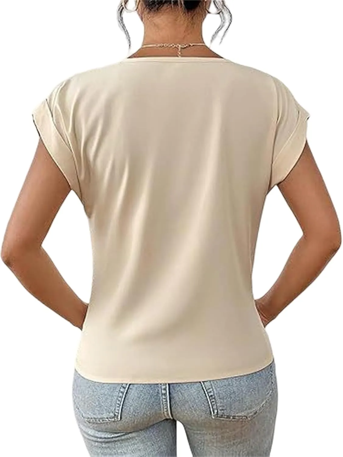 Summer T Shirts for Women Pleated Short Sleeve V-Neck Shirts Dressy Work Blouse Loose Casual Tee Tops Basic T-Shirt