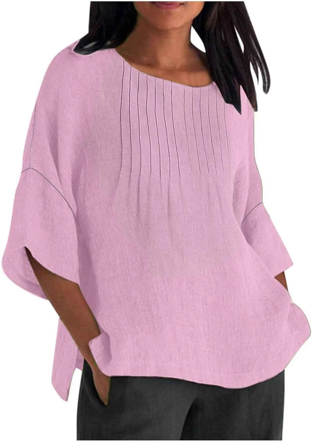 Summer Tops for Women 2025 Trendy Pleated Front Tshirt Loose Fit 3/4 Sleeve Crewneck Blouse Solid Cotton Linen Shirts
