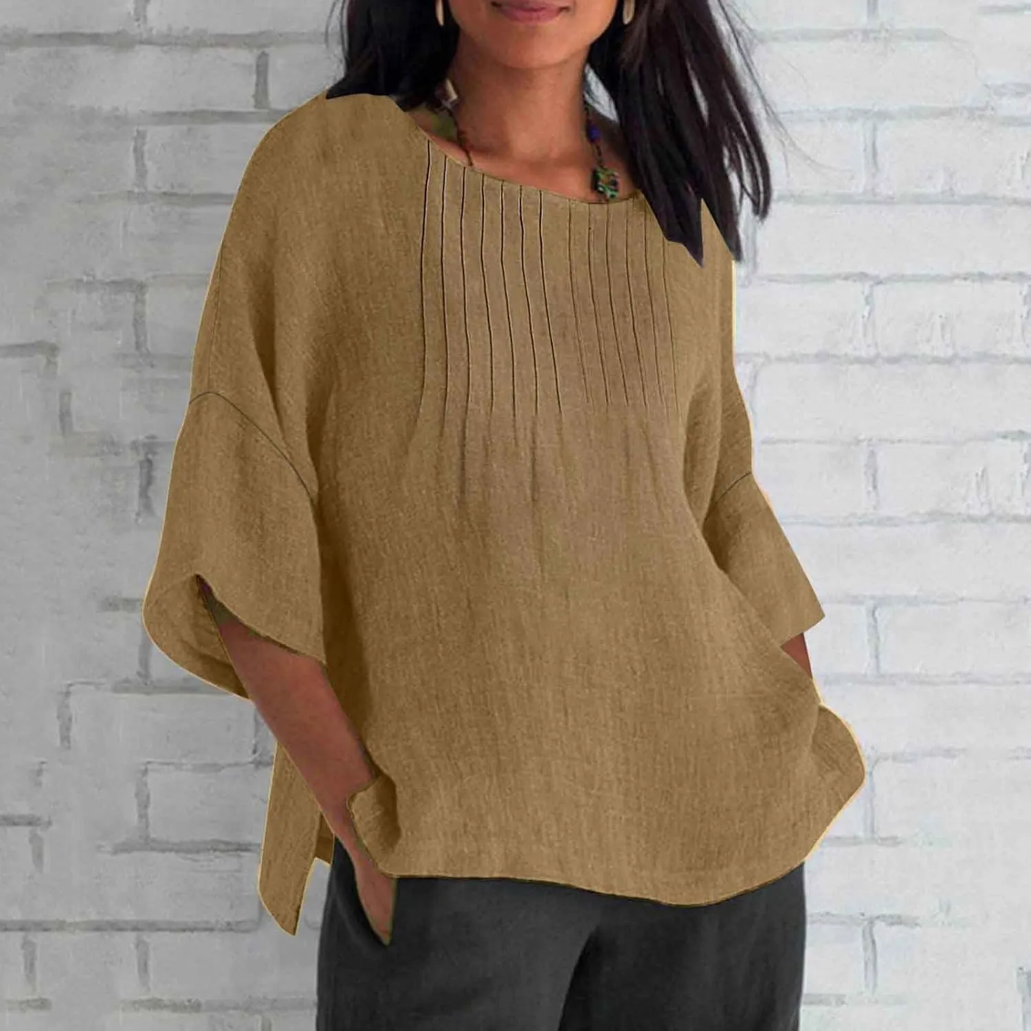 Summer Tops for Women 2025 Trendy Pleated Front Tshirt Loose Fit 3/4 Sleeve Crewneck Blouse Solid Cotton Linen Shirts
