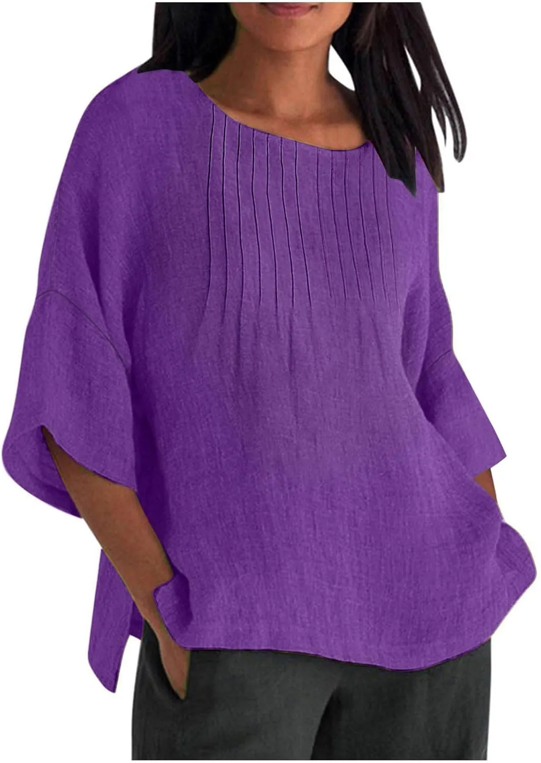 Summer Tops for Women 2025 Trendy Pleated Front Tshirt Loose Fit 3/4 Sleeve Crewneck Blouse Solid Cotton Linen Shirts