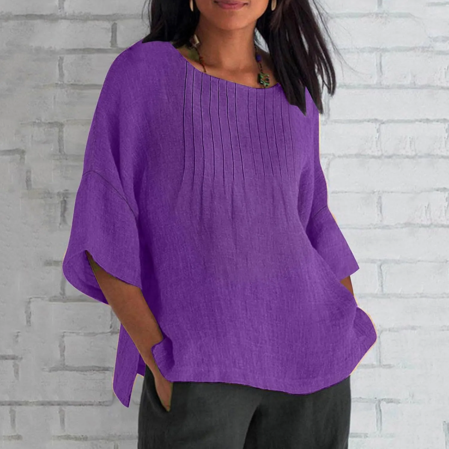 Summer Tops for Women 2025 Trendy Pleated Front Tshirt Loose Fit 3/4 Sleeve Crewneck Blouse Solid Cotton Linen Shirts