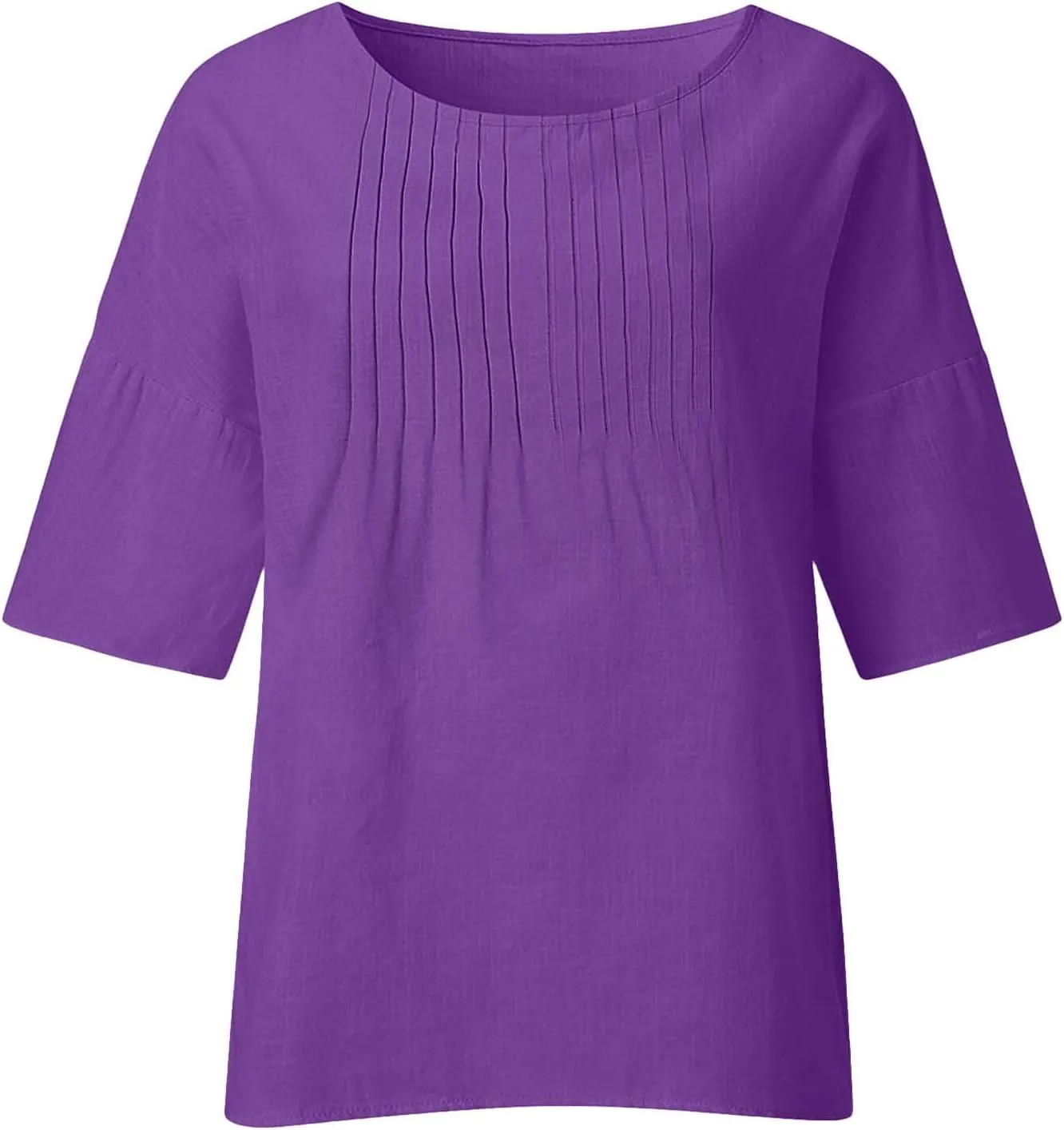 Summer Tops for Women 2025 Trendy Pleated Front Tshirt Loose Fit 3/4 Sleeve Crewneck Blouse Solid Cotton Linen Shirts
