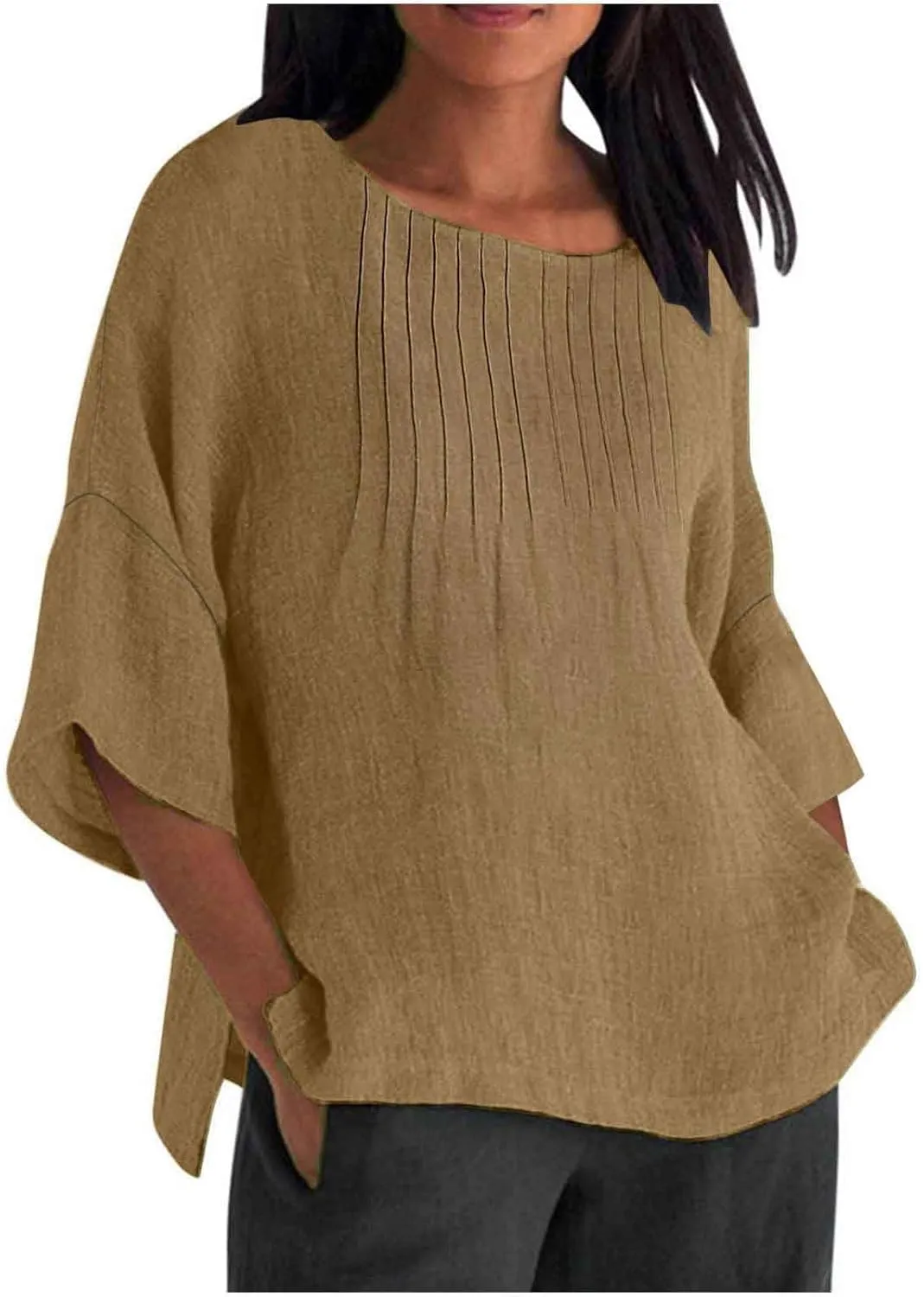 Summer Tops for Women 2025 Trendy Pleated Front Tshirt Loose Fit 3/4 Sleeve Crewneck Blouse Solid Cotton Linen Shirts