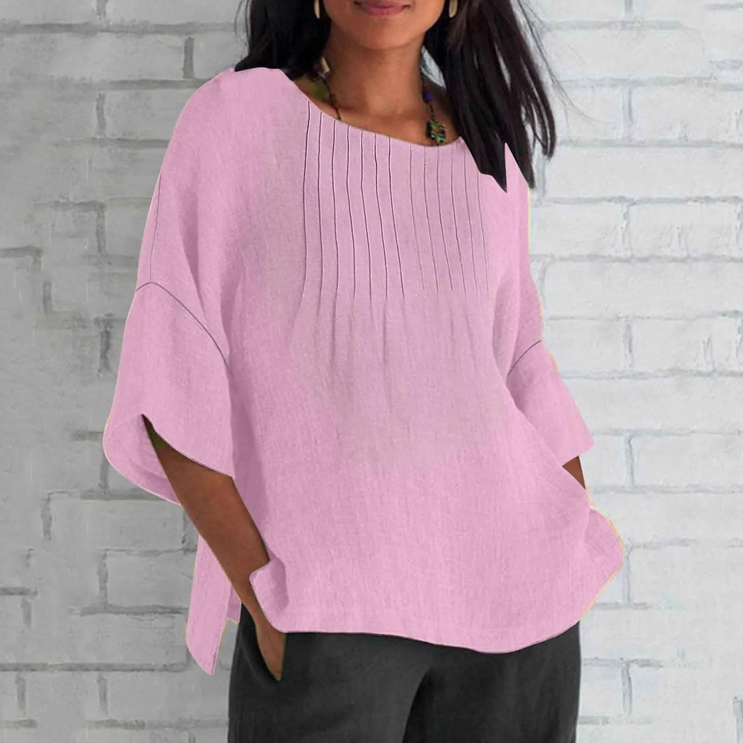 Summer Tops for Women 2025 Trendy Pleated Front Tshirt Loose Fit 3/4 Sleeve Crewneck Blouse Solid Cotton Linen Shirts
