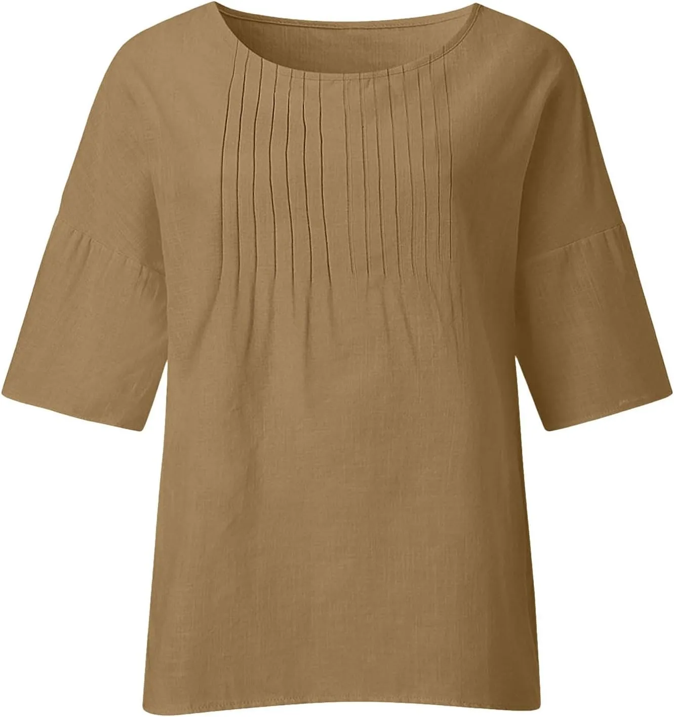 Summer Tops for Women 2025 Trendy Pleated Front Tshirt Loose Fit 3/4 Sleeve Crewneck Blouse Solid Cotton Linen Shirts