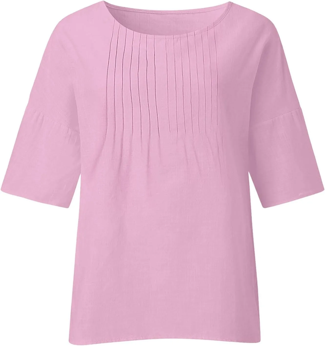Summer Tops for Women 2025 Trendy Pleated Front Tshirt Loose Fit 3/4 Sleeve Crewneck Blouse Solid Cotton Linen Shirts