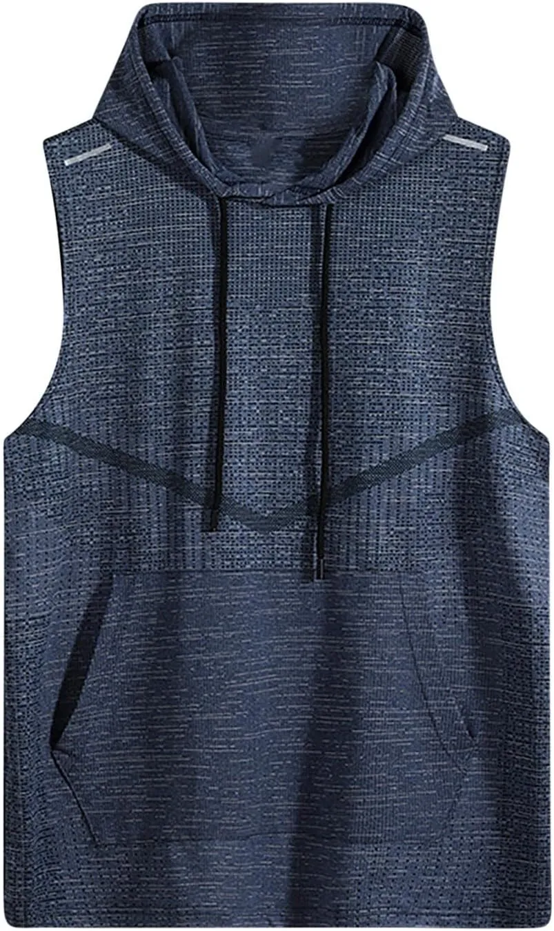 Summer Training Workout Shirts Mens Sleeveless Hoodie Quick Dry Active Tank Tops Casual Loose Fit Tshirt with Pocket