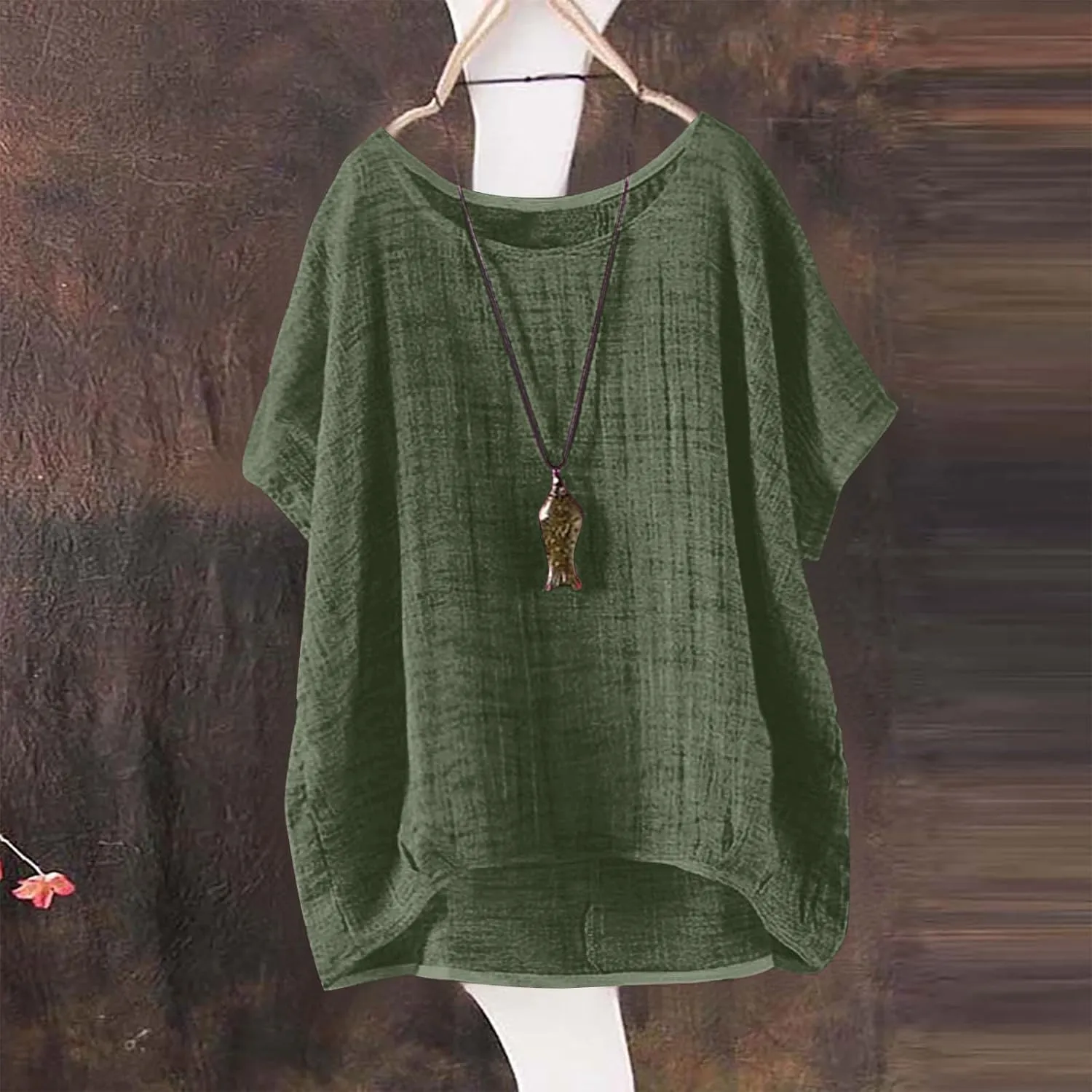 Summer Women Cotton Linen Tops Trendy Short Sleeve Casual Tshirt Oversized Loose Fit Crewneck Blouse High Low Hem Tees