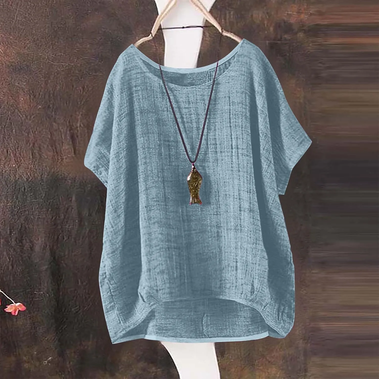 Summer Women Cotton Linen Tops Trendy Short Sleeve Casual Tshirt Oversized Loose Fit Crewneck Blouse High Low Hem Tees
