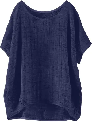 Summer Women Cotton Linen Tops Trendy Short Sleeve Casual Tshirt Oversized Loose Fit Crewneck Blouse High Low Hem Tees