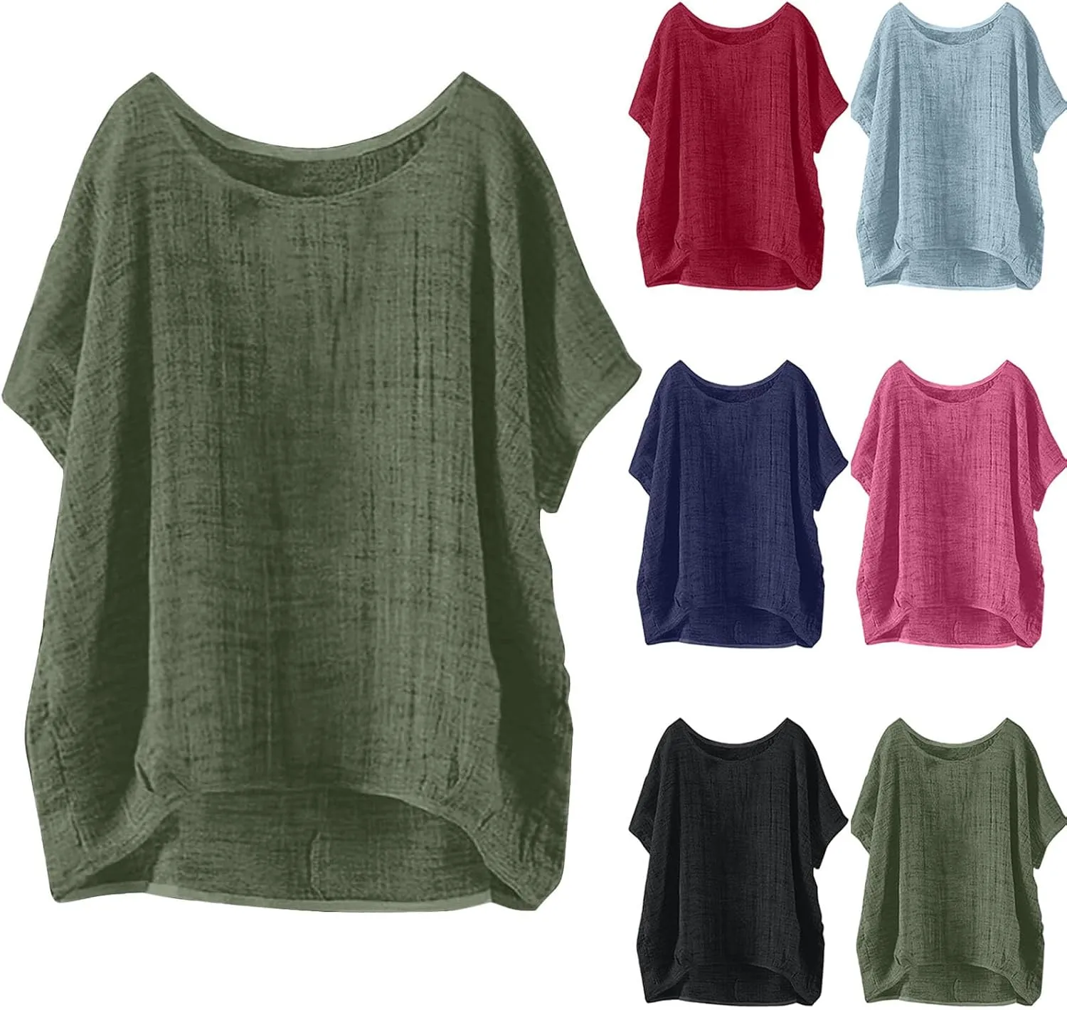 Summer Women Cotton Linen Tops Trendy Short Sleeve Casual Tshirt Oversized Loose Fit Crewneck Blouse High Low Hem Tees