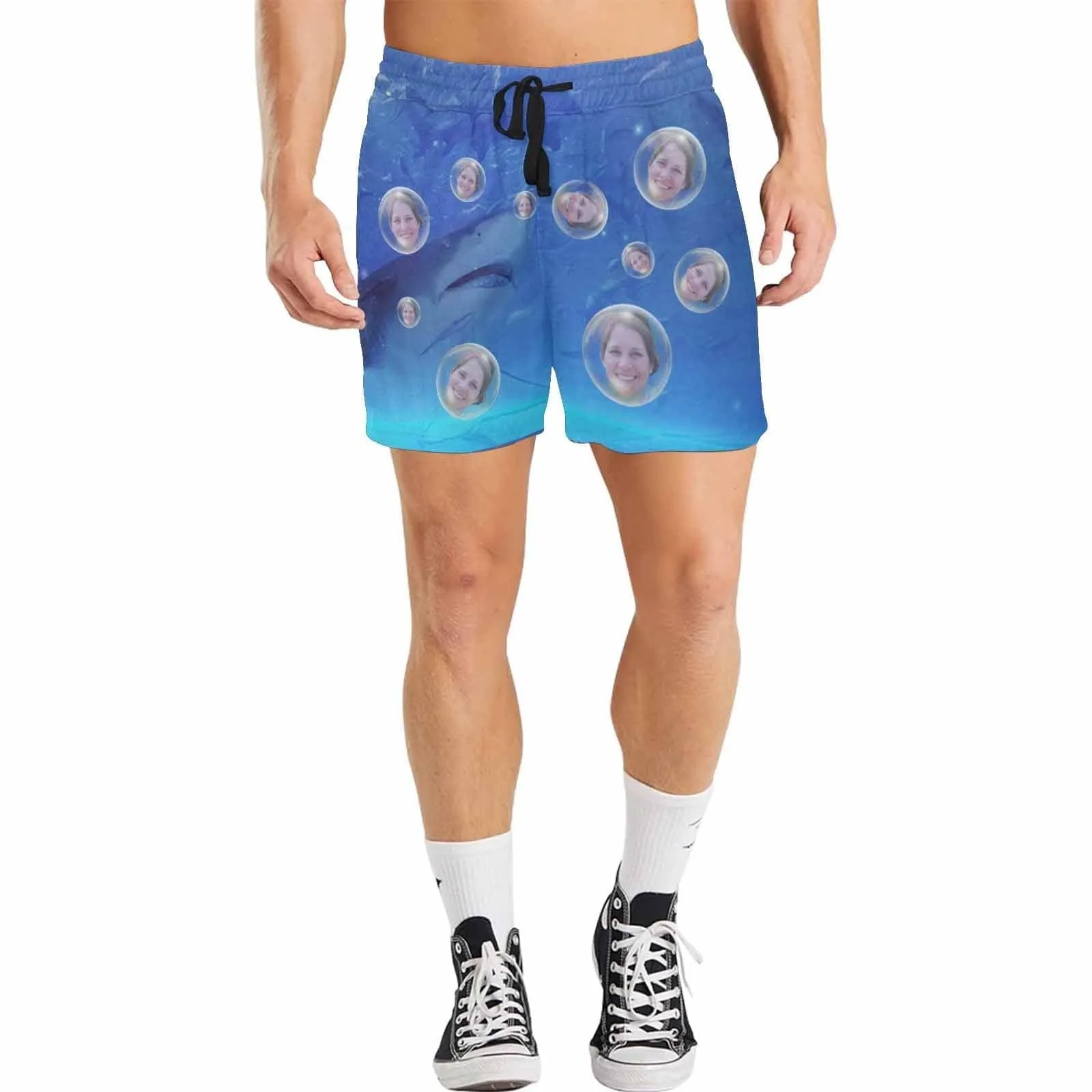 Swim Trunks with Face on Them Custom Girlfriend's Face Shark Bubbles Men's Quick Dry Swim Shorts