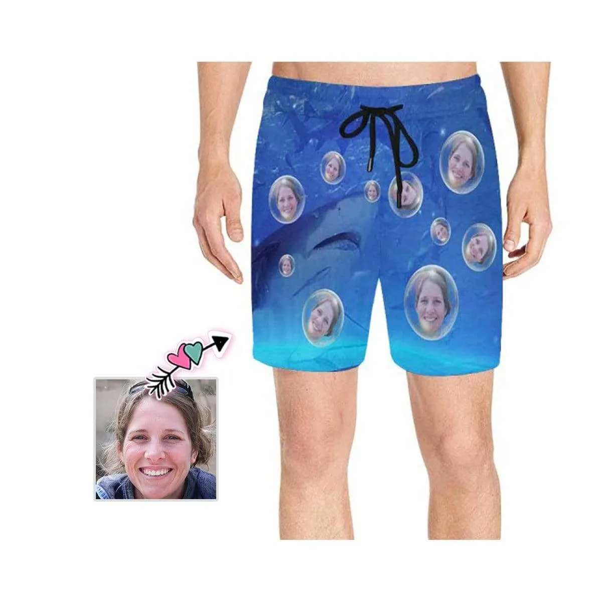 Swim Trunks with Face on Them Custom Girlfriend's Face Shark Bubbles Men's Quick Dry Swim Shorts