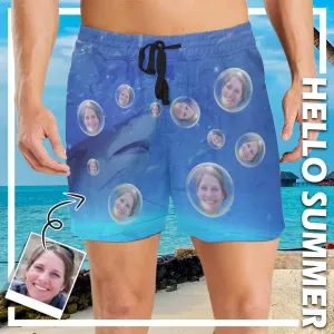 Swim Trunks with Face on Them Custom Girlfriend's Face Shark Bubbles Men's Quick Dry Swim Shorts