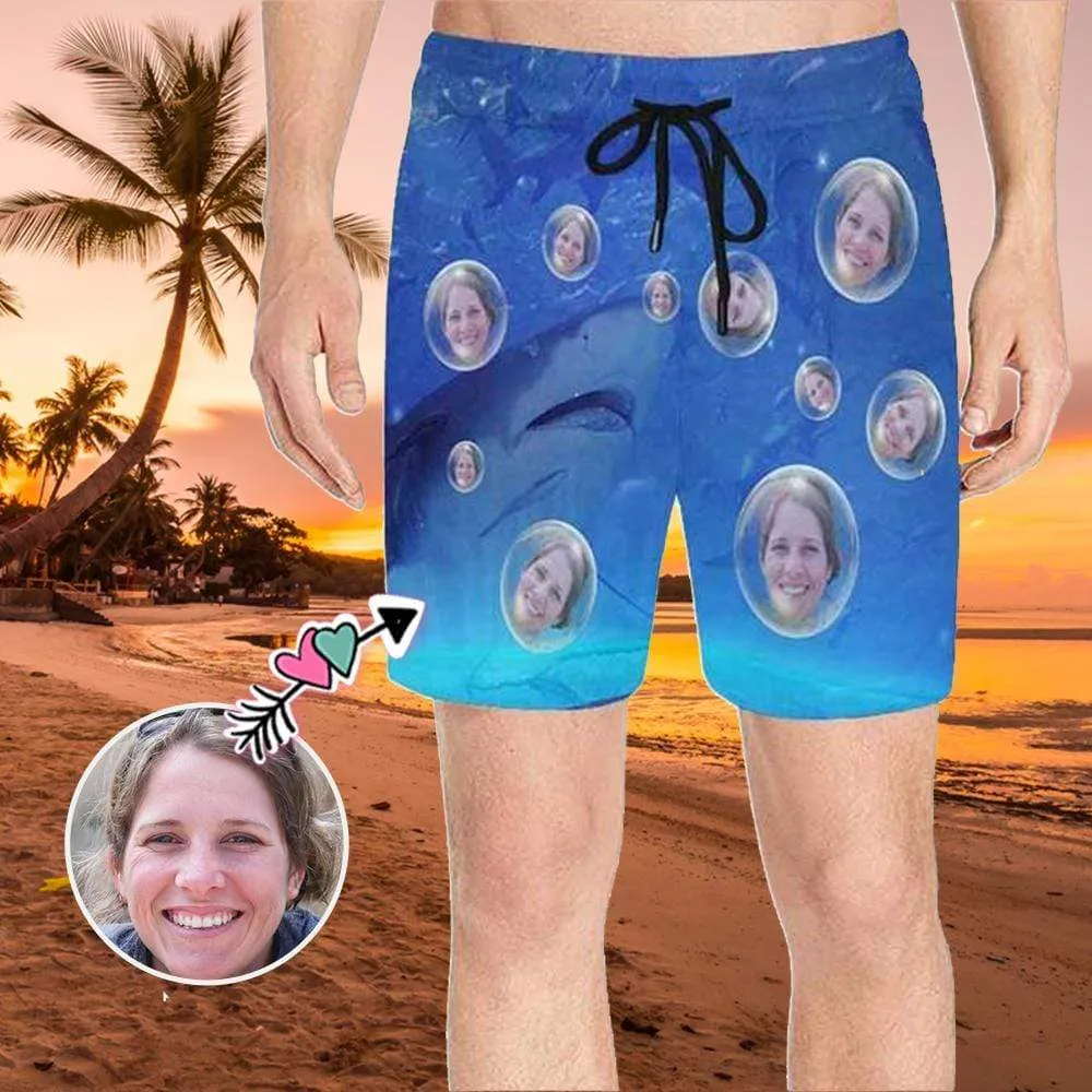Swim Trunks with Face on Them Custom Girlfriend's Face Shark Bubbles Men's Quick Dry Swim Shorts