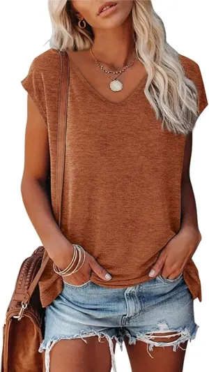 T Shirts for Women 2025 Fashion Cap Sleeve V Neck Tshirts Dressy Casual Summer Basic Tops Solid Color Tees for Work