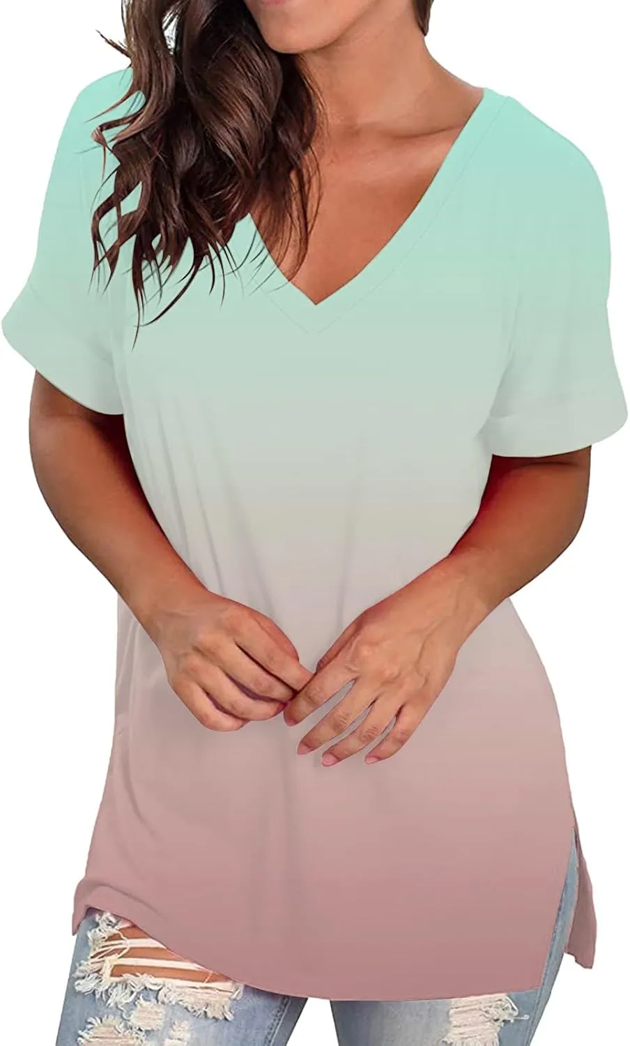 T Shirts for Women Tie Dyed Gradient Vneck Short Sleeve Shirts Oversized Casual Summer Lightweight Breathable Outfits