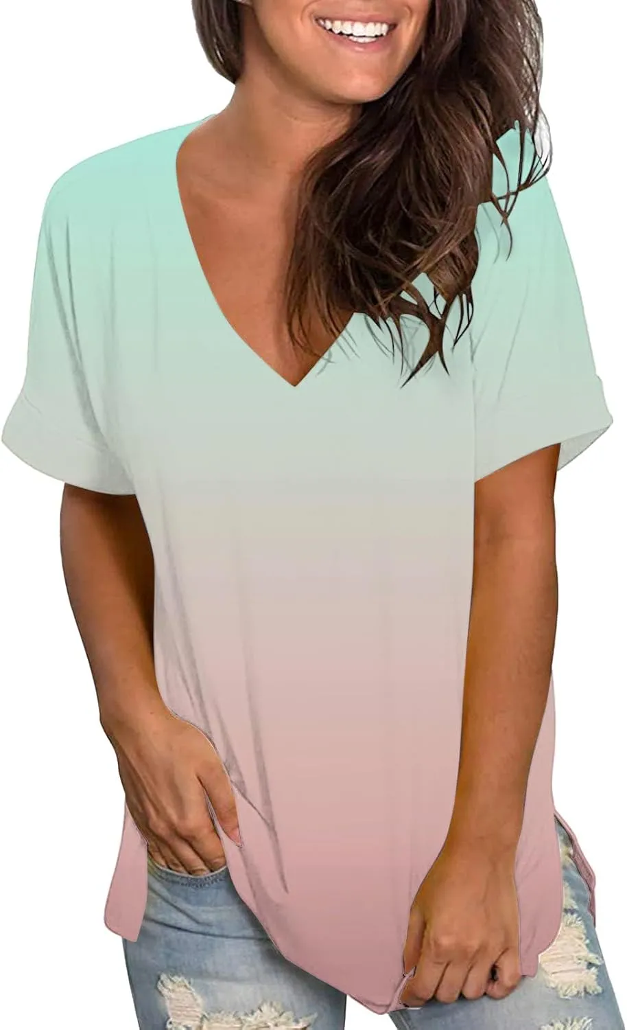 T Shirts for Women Tie Dyed Gradient Vneck Short Sleeve Shirts Oversized Casual Summer Lightweight Breathable Outfits