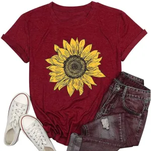 T Shirts for Women V Neck Slim Fit Flowers Print Shirt Floral Wildflowers Graphic Tees Casual Short Sleeve T Shirts