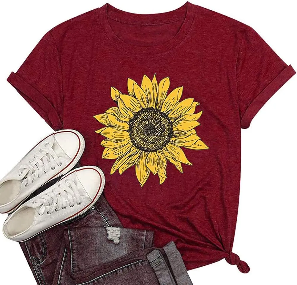 T Shirts for Women V Neck Slim Fit Flowers Print Shirt Floral Wildflowers Graphic Tees Casual Short Sleeve T Shirts