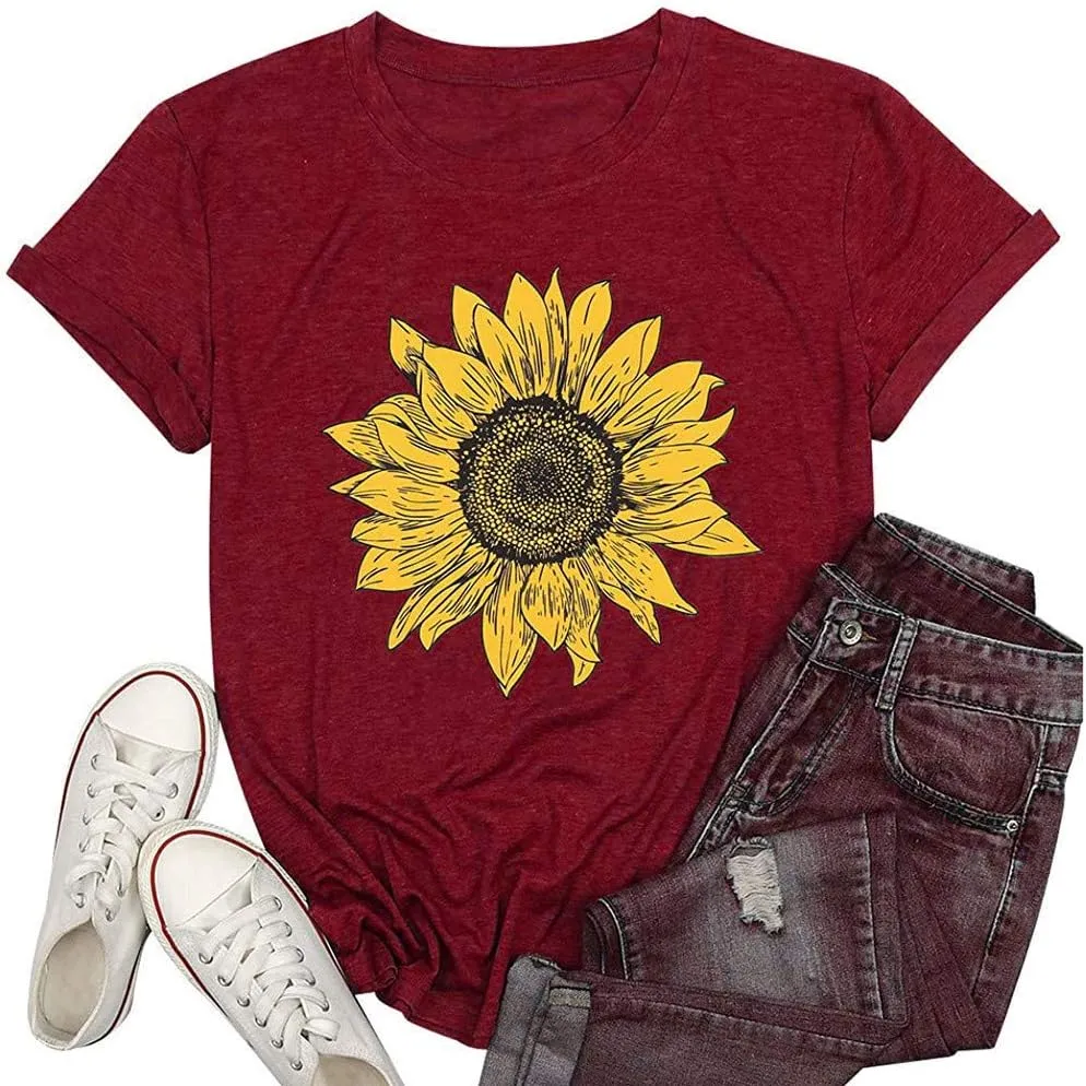 T Shirts for Women V Neck Slim Fit Flowers Print Shirt Floral Wildflowers Graphic Tees Casual Short Sleeve T Shirts