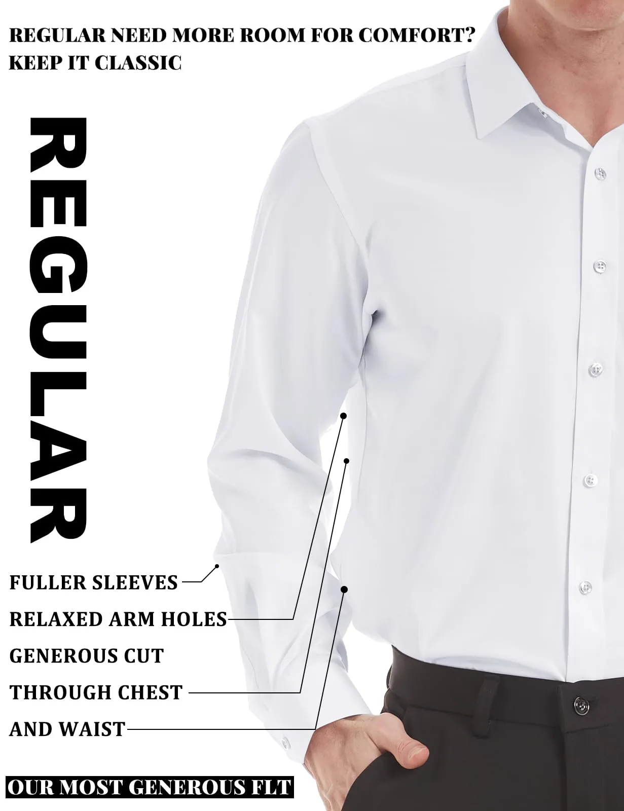 Tapata Men's Dress Shirts Stretch Long Sleeve Solid Formal Business Casual Button Down Regular Fit, White, Small