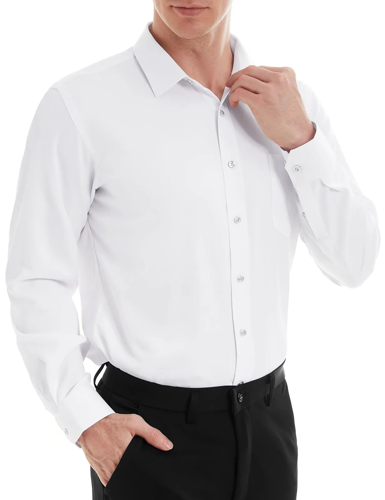 Tapata Men's Dress Shirts Stretch Long Sleeve Solid Formal Business Casual Button Down Regular Fit, White, Small