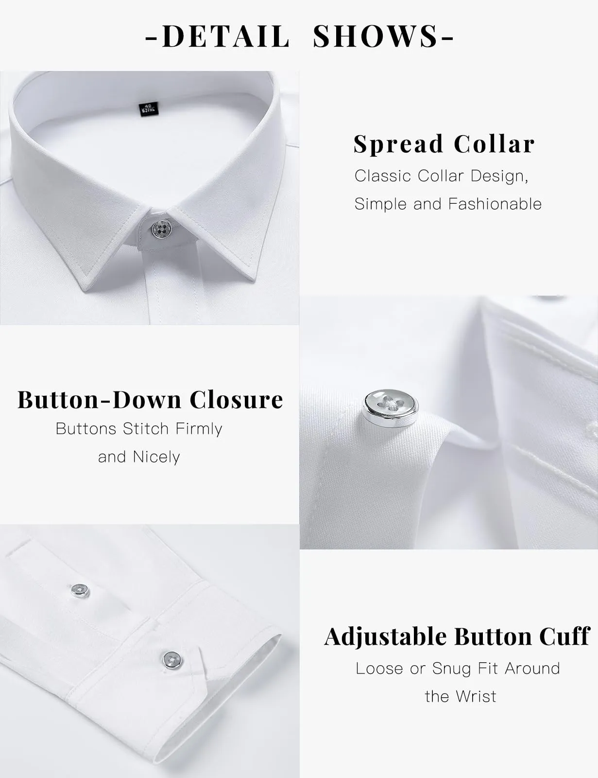 Tapata Men's Dress Shirts Stretch Long Sleeve Solid Formal Business Casual Button Down Regular Fit, White, Small