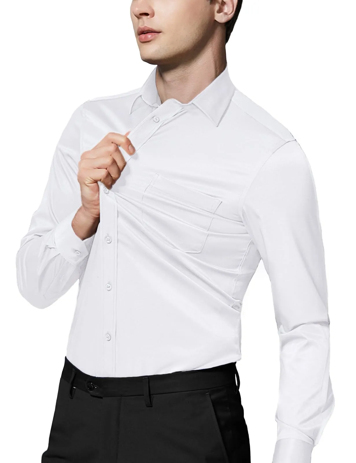 Tapata Men's Dress Shirts Stretch Long Sleeve Solid Formal Business Casual Button Down Regular Fit, White, Small